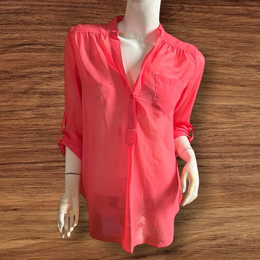 by & by Orange Pink 3/4 Sleeve Blouse Relaxed Mandarin Collar M